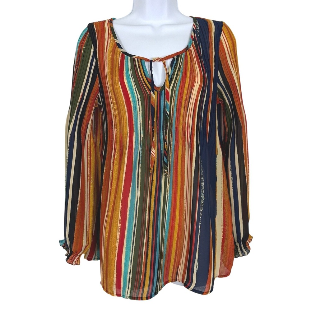 Melissa Paige Women Boho Peasant Striped Blouse Pleated Tie Neck Size M